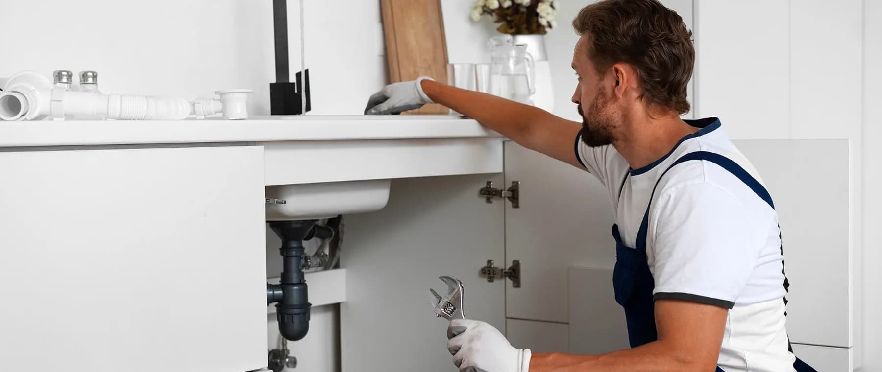 Plombier au travail sous un meuble-lavabo